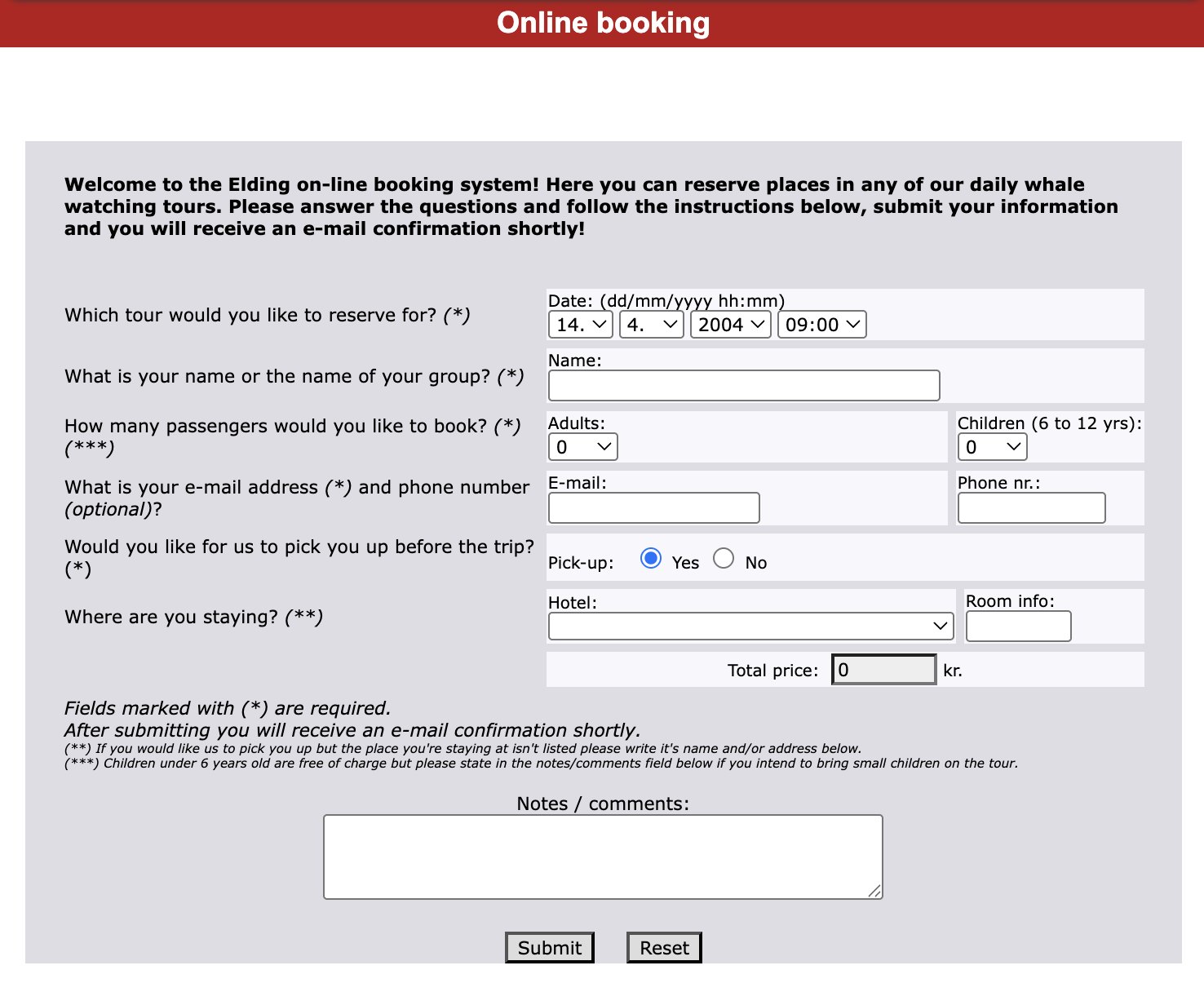 Elding's online booking 2003