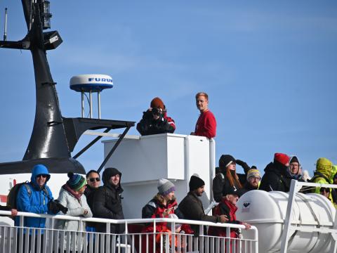 crew and passengers on a whale watching boat