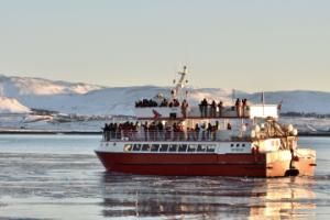 hafsúlan boat filled with passengers and humpback whale in the winter