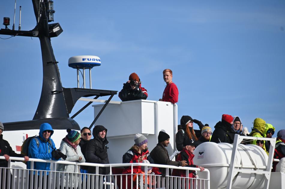 crew and passengers on a whale watching boat