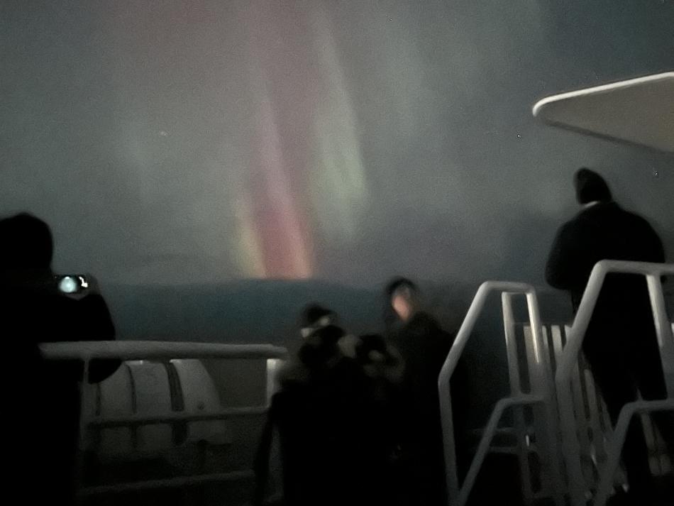 northern lights and passengers on a boat