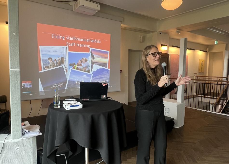 rannveig making a speech for staff orientation