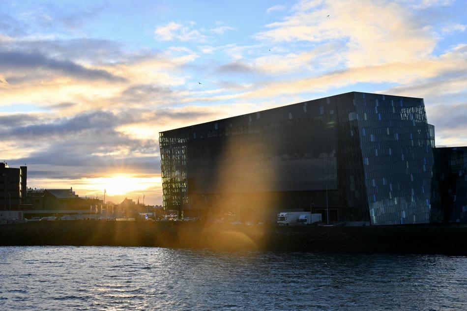 Harpa concert hall at sundown in winter
