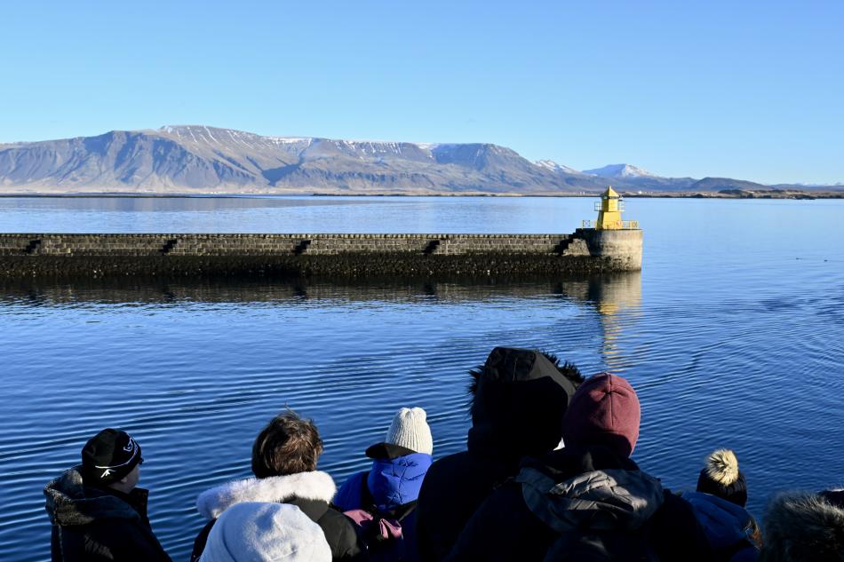 passengers on a whale watching cruise sail out of the harbour